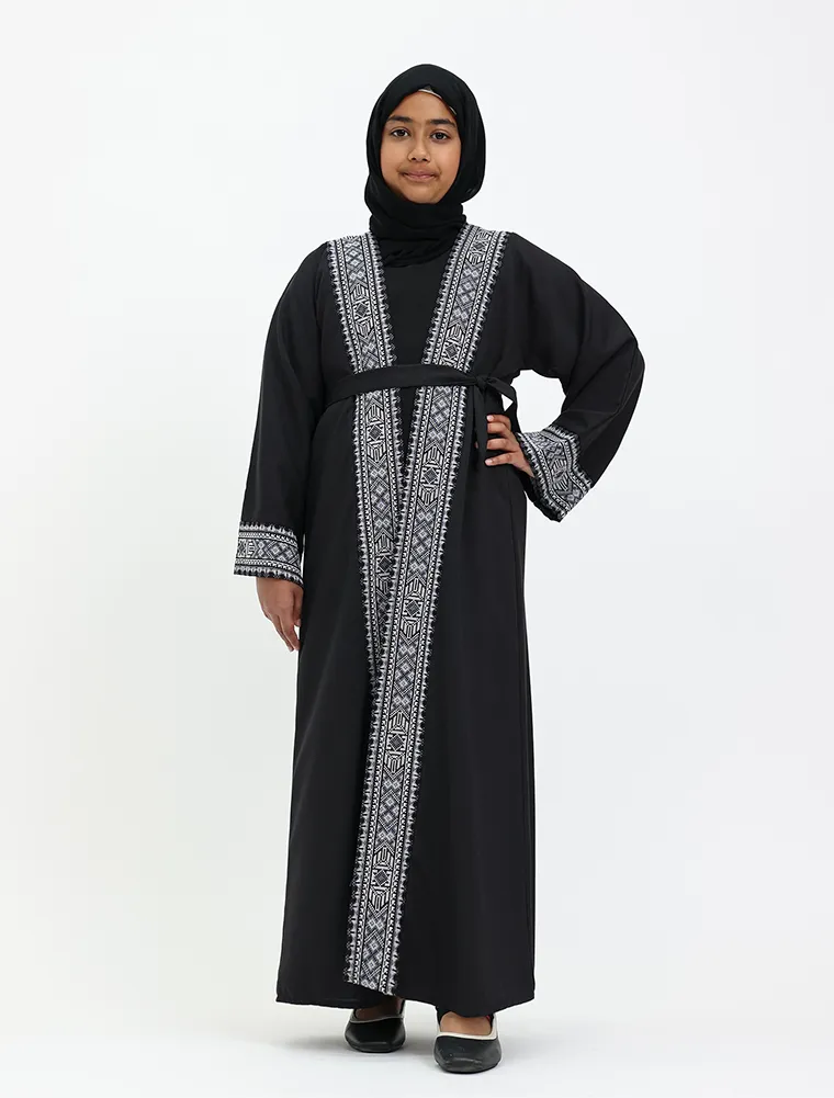 Black 2 Piece Moroccan Embroidery Girl Abaya
